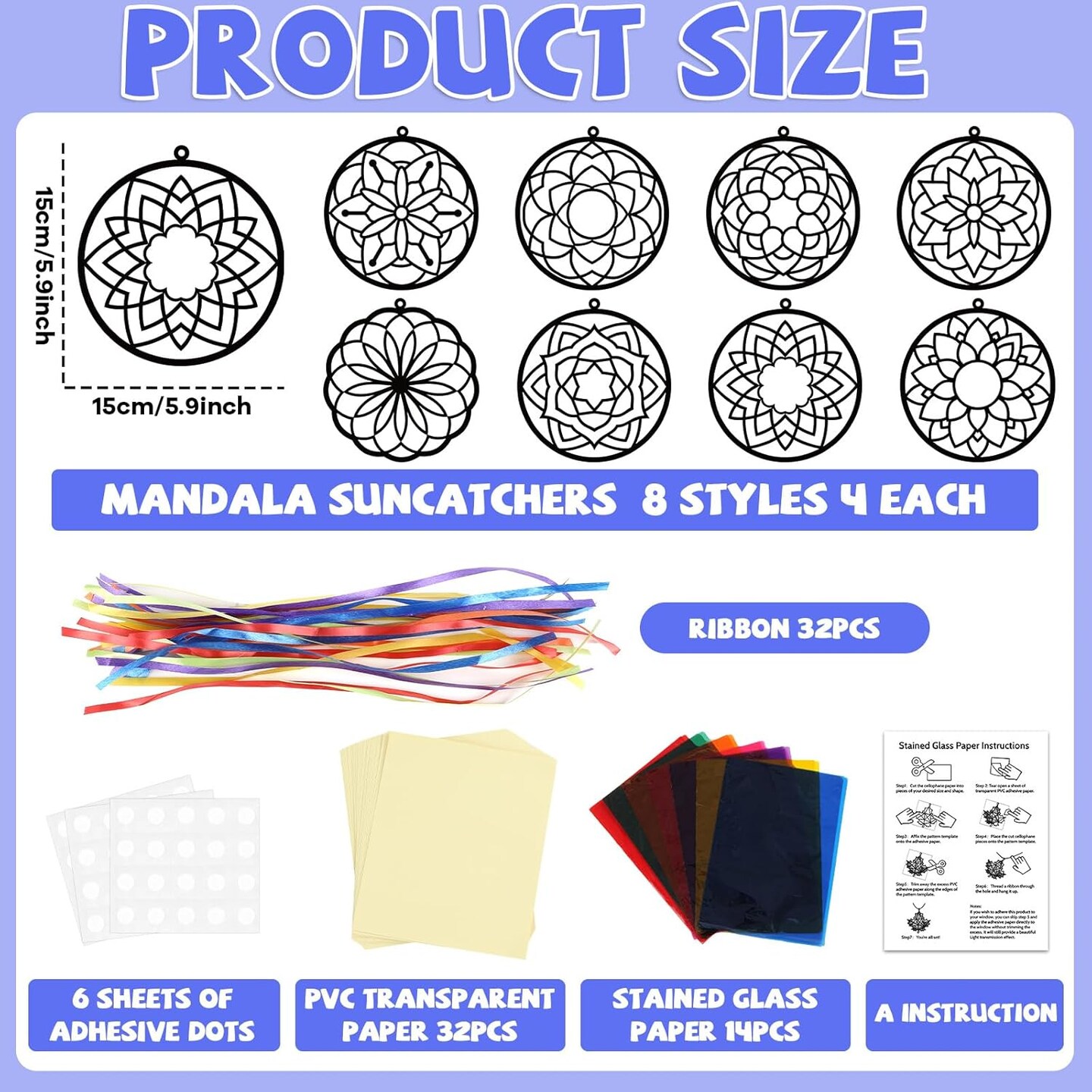 32 Sets Suncatchers Craft Kit DIY Flower Window Stained Glass Effect Paper Summer Home School Classroom Decoration Art Craft Creative Activity Project Kid Gift Favor