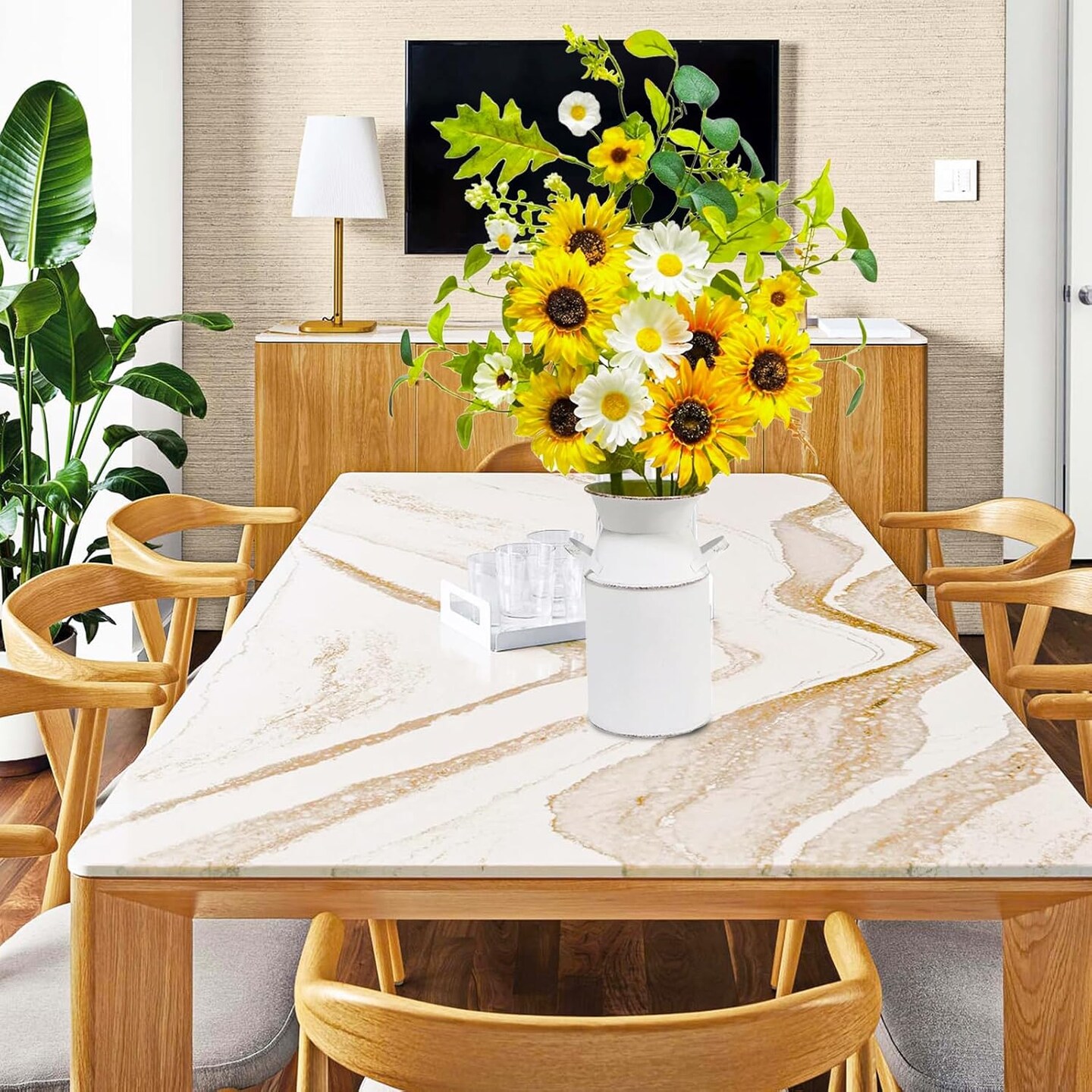 23.5” Faux Sunflowers in Vase – Silk Artificial Sunflower Arrangement with Metal Pot, Farmhouse Table Centerpiece for Kitchen, Dining, Living Room & Spring Home Decor