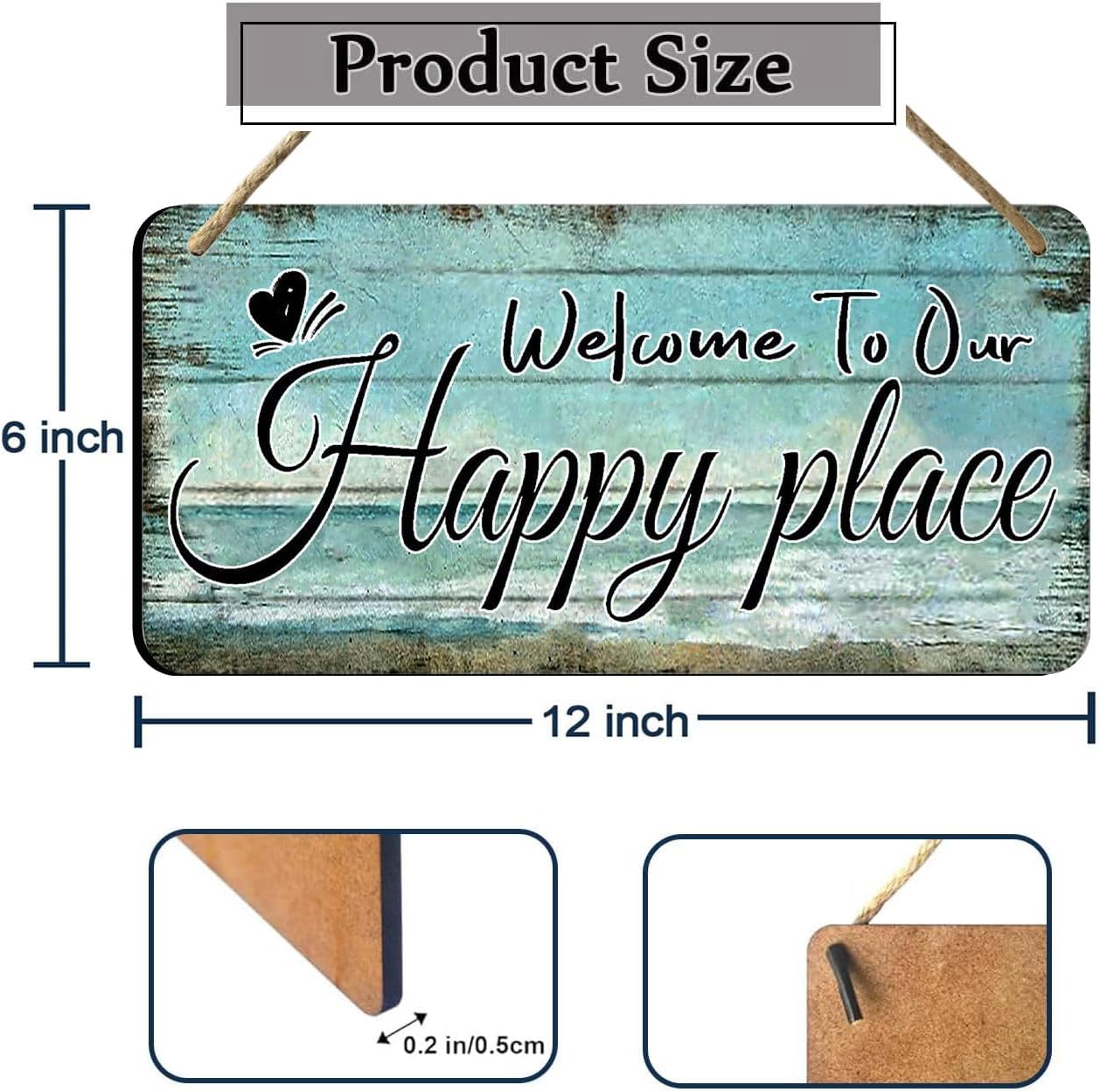 Welcome To Our Happy Place Sign Personalized Front Door Signs For Home Decor Wooden Hanging Sign Beach Signs Patio Wall Decor Summer Wood Porch Sign House Welcome Door Sign 6x12 Inch