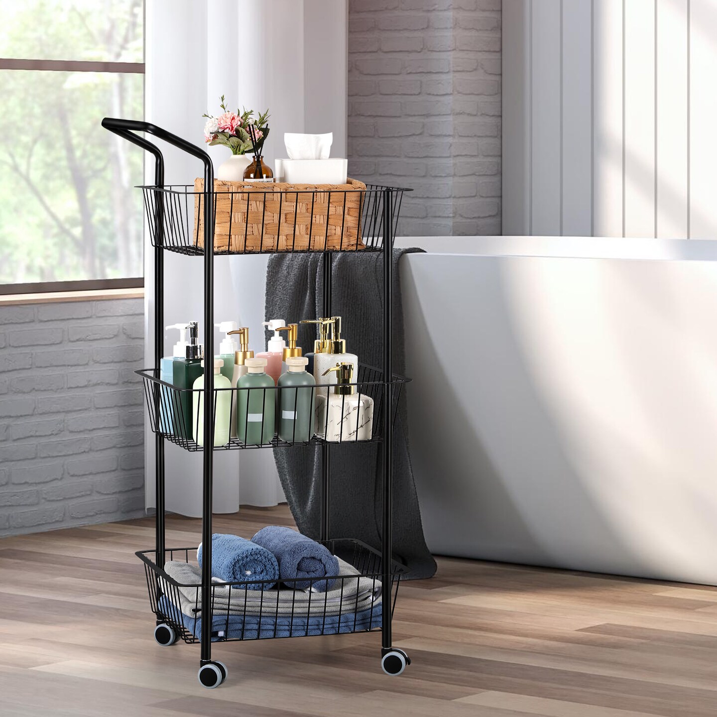 3-Tier Narrow Metal Rolling Cart with Lockable Wheels & Handle – Space-Saving Kitchen Storage Cart, Bathroom/Office Utility Cart, Heavy-Duty Wire Basket Organizer