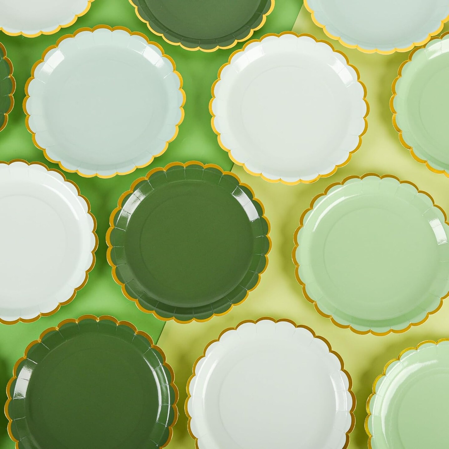 Summer Sage Green Scalloped Party Plates Gold Foil Border Paper Plates Disposable 9inch Gradient Green Serving Plates (24, Sage Green)