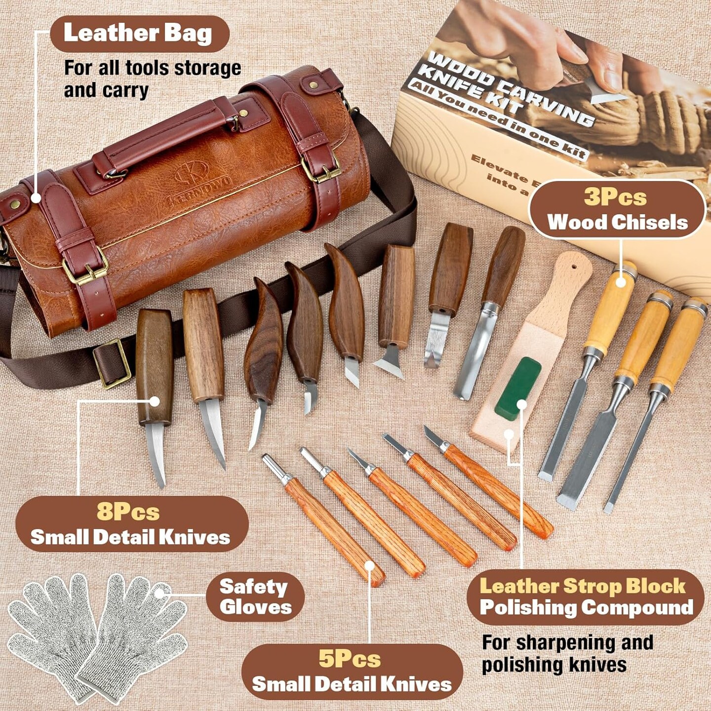 Wood Carving Kit, 20Pcs Wood Carving Tools with PU Leather Storage Bag, Wood Whittling Kit with 3Pcs Chisels & 8Pcs Whittling Knives & 5 Detail Carving Knives for Beginners and Enthusiasts