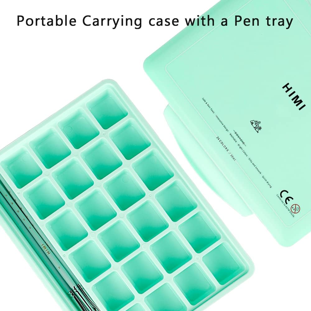 Gouache Paint Set, 24 Colors x 30ml/1oz with Brushes & Palette, Jelly Cup Design, Non-Toxic, Perfect for Beginners, Students, Artists(Green)