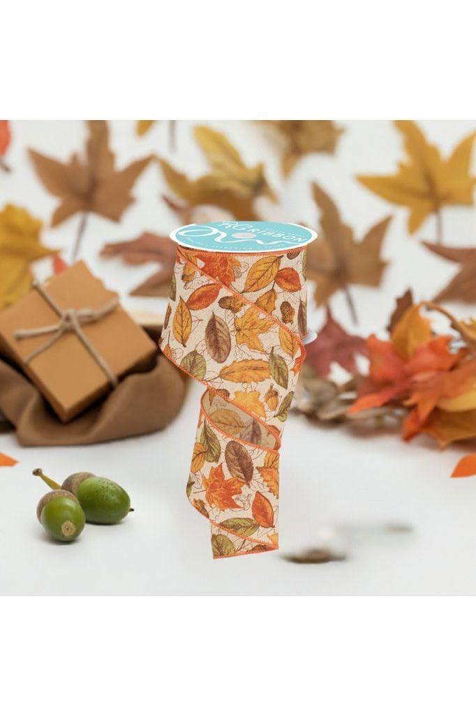 2.5&#x22; Leaves and Acorns Ribbon: Tobacco (10 Yards)