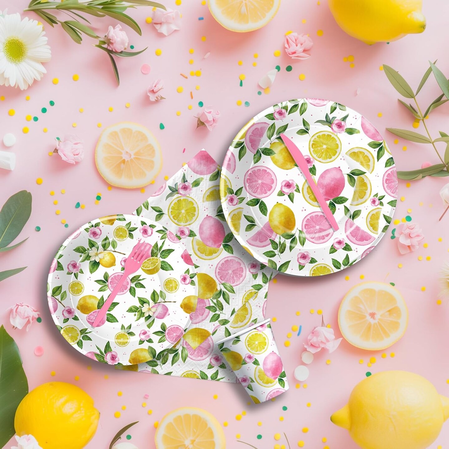 Summer Lemon Party Decorations Tableware, Party Supplies, Plate, Napkin, Cup, Cutlery, Summer Pink Lemon