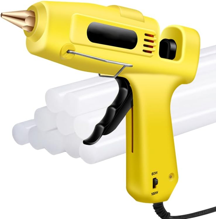 Heavy Duty Hot Glue Gun Kit, 60/100W Dual Power, Includes 14 Premium Glue Sticks (0.43&#x22; x 8&#x22;) - 7 White / 7 Clear, Ideal for Crafts, DIY, Christmas Decorations, Yellow