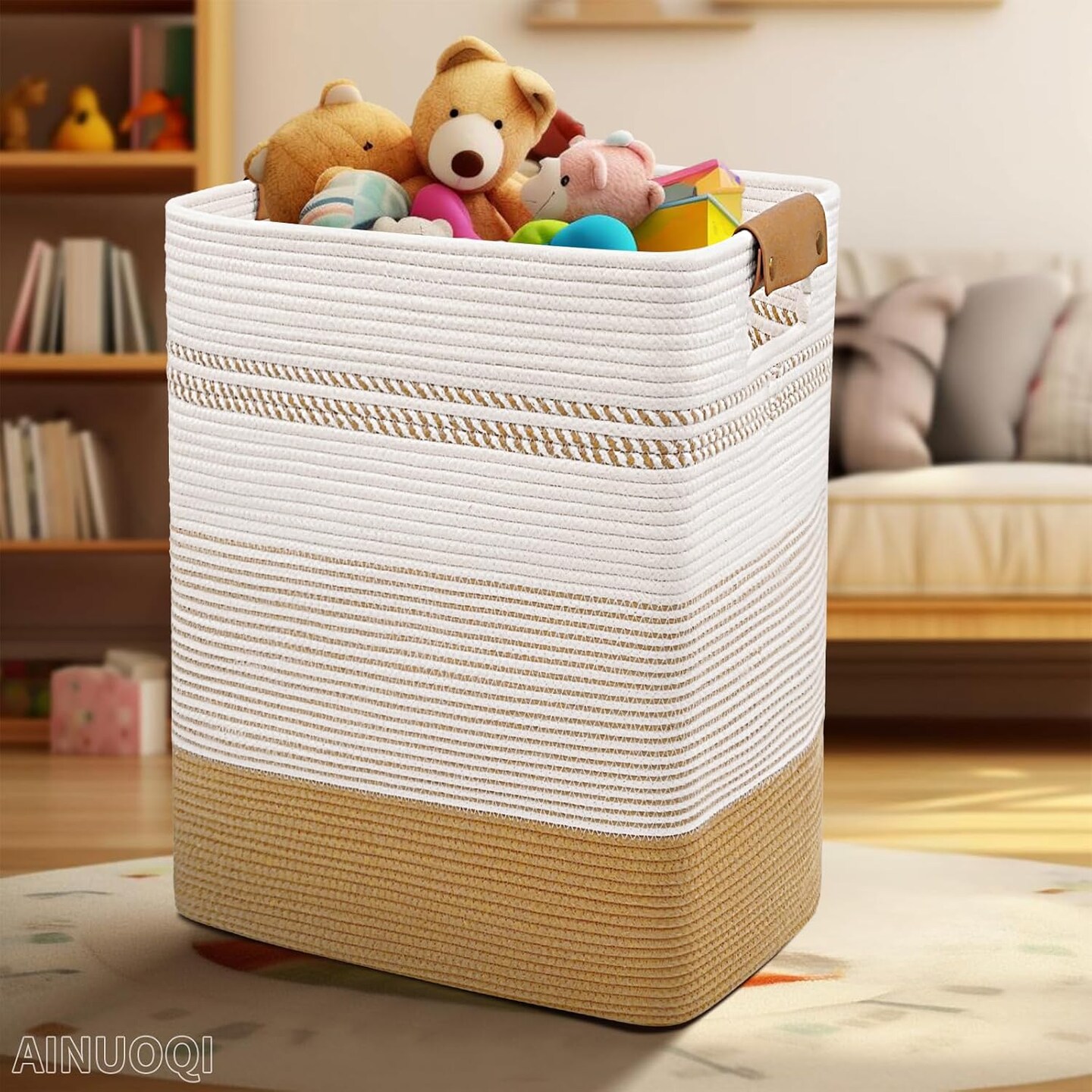 Laundry Hamper - 85L Large Laundry Basket with Leather Handles, Decorative Storage Basket for Blankets - Cotton Rope Woven Baskets for Storage, Clothes Hamper for Living Room, Jute &#x26; White