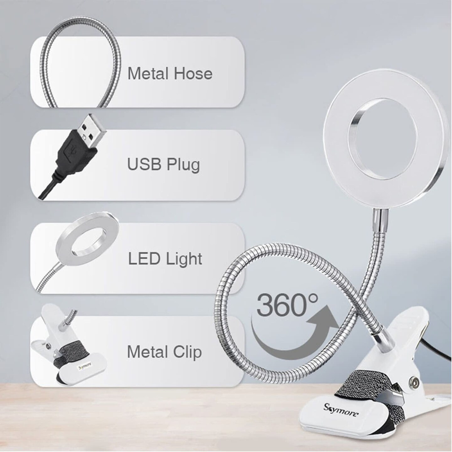 Skymore Clip on Light -3 Color Modes&#x26;10 Brightness LED Reading Desk Light with Clamp Flexible Gooseneck Book Light for Kids&#x27; Bedtime Reading, Zoom Meetings, Clip on Table, Headboard, Dorm&#x26;Office Use