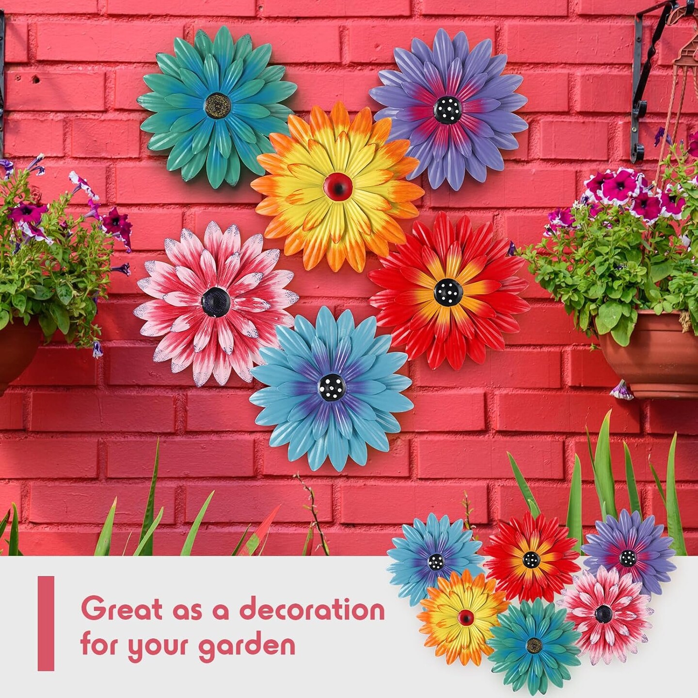 6 Pcs Summer Metal Flower Wall Art Decor 8 Inch Sunflower Wall Decorations Hanging Outdoor Art Multicolored Handmade Metal Flowers Outdoor Decor(Cute Color)