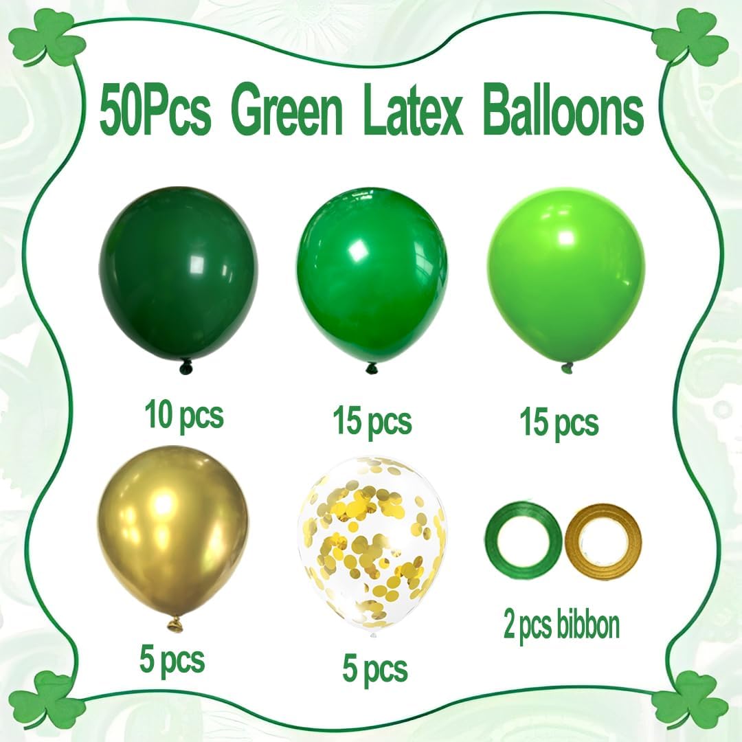 Green and Gold Balloons, 50 Pcs 12 Inch Dark Green Emerald Green Balloon Green Gold Latex Balloons for St Patrick&#x27;s Day Birthday Junle Safari Babay Shower Party Decorations