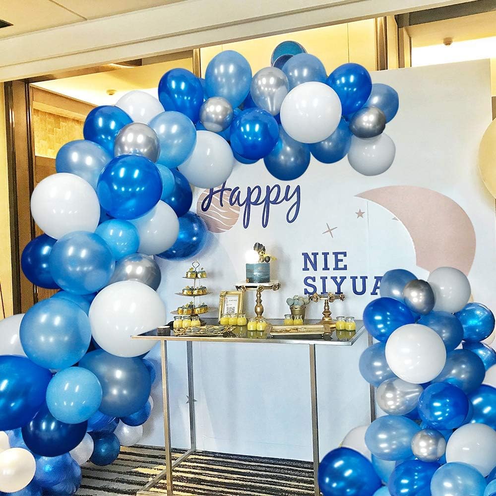 16ft Blue White and Silver Balloon Garland Arch Kit with 117 Balloons - Easy Assembly Party Decor for Birthdays, Weddings, Baby Showers- Includes Arch Strip &#x26; Dot Glue