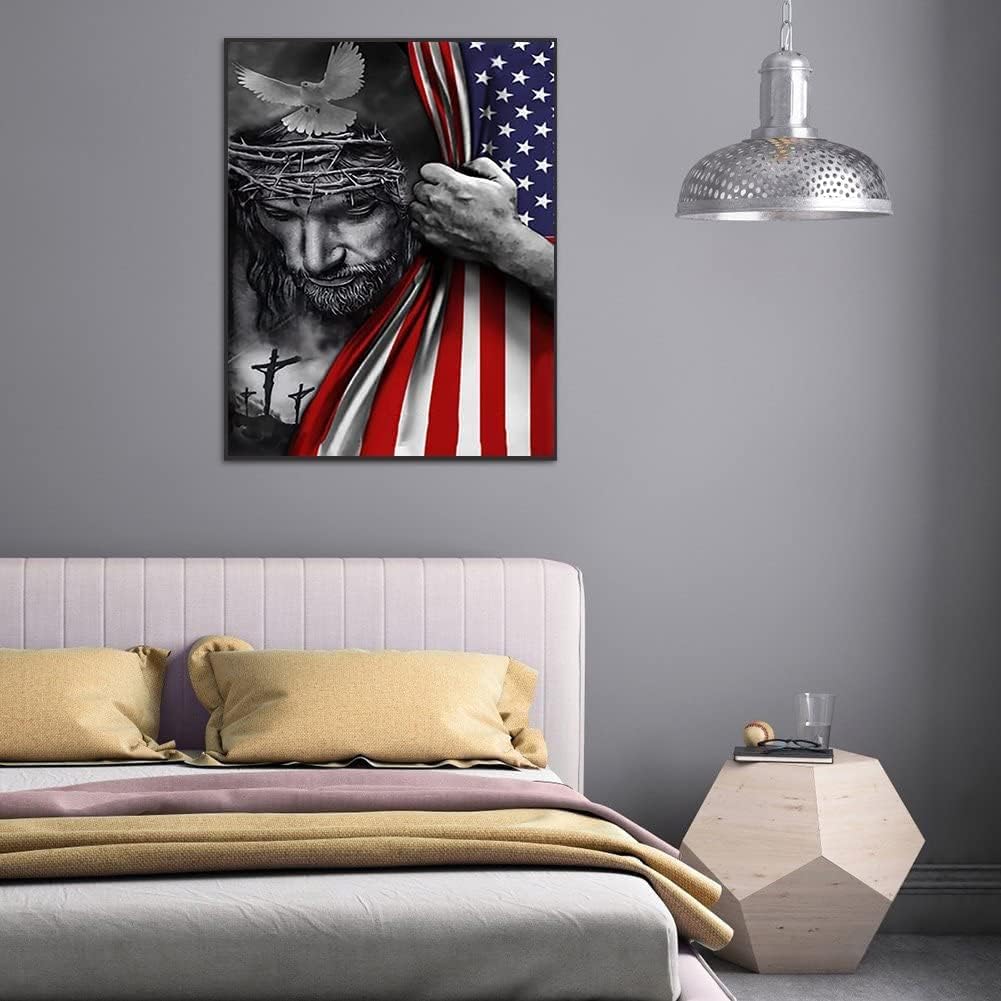 5D Diamond Art Painting by Number Kits Full Drill for American Flag Religious God Jesus Christ 16x20 Inch Round Drill Diamond Art Dots for Adults Crafts Cross Stitch Wall Decor
