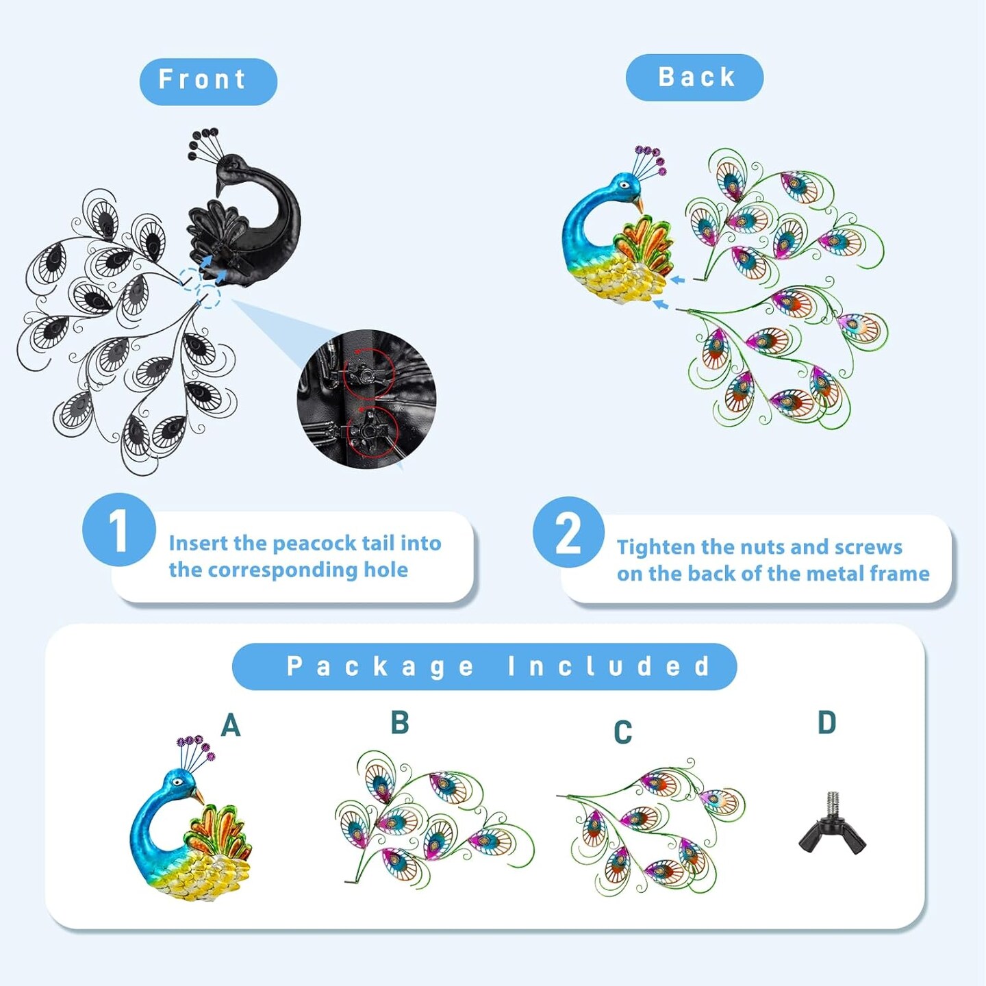 Summer Metal Wall Art Decor, 20'' W x 19'' H Peacock Wall Hanging Decor & Wall Sculpture, Large Wall Decor for Patio, Fence, Garden, Home Decor (Blue)