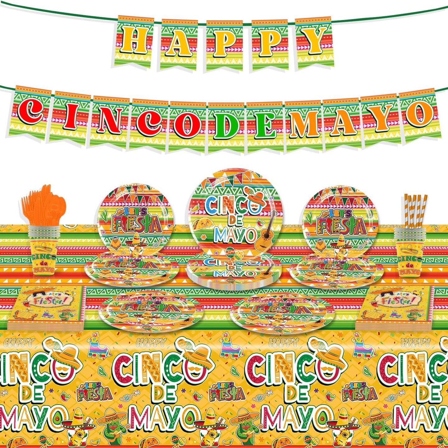 Cinco de Mayo Party Tableware Set - Serves 25 Mexican Theme Party Supplies, Disposable Plates, Tablecloth, Cups, Forks, Spoons, Knife, Napkins, Straws Dinnerware Utensils for Mexico Party