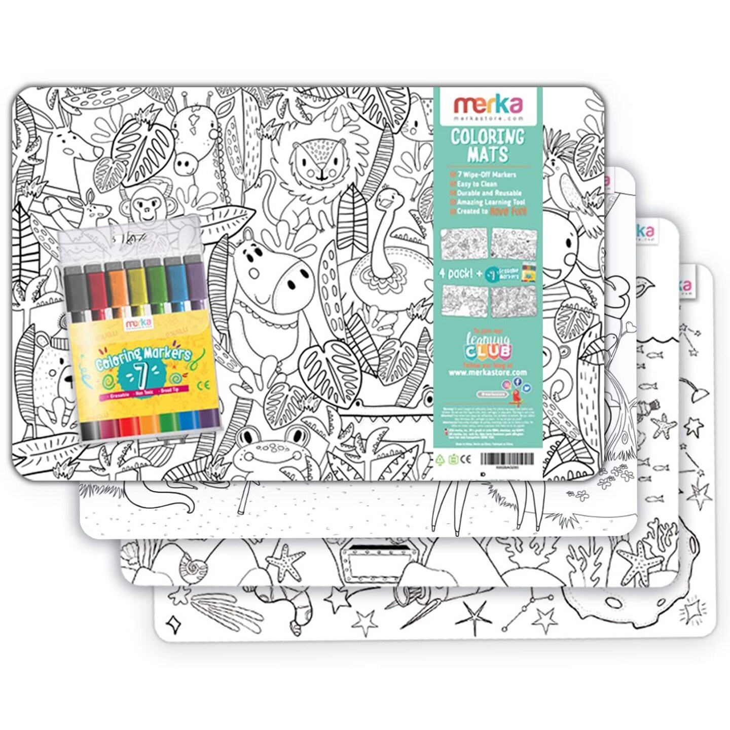 merka 4 Pack Kids Coloring Placemats with 7 Dry Erase Markers, Toddler Placemats for Dining Table Featuring Jungle, Space, Sea, Unicorns, Fun Activity for Boys and Girls