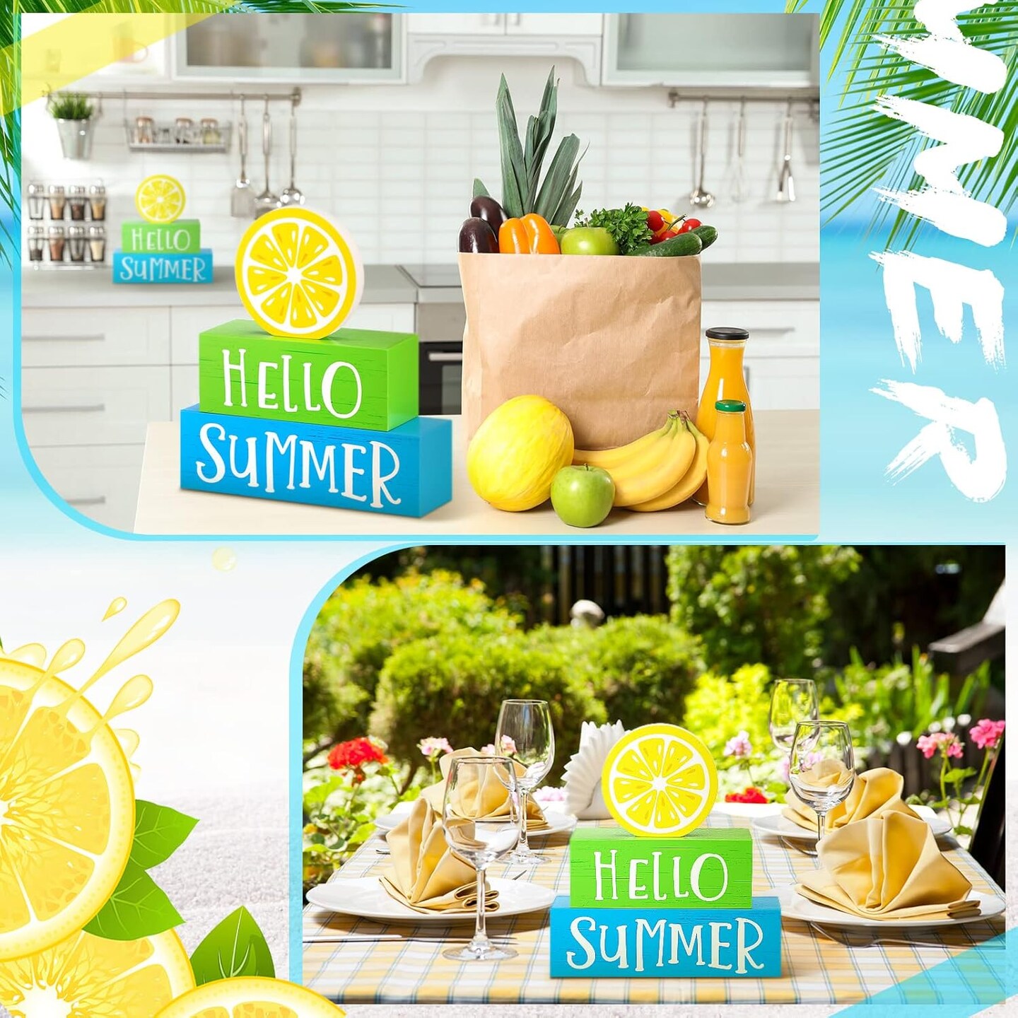 3 Pcs Summer Wooden Block Decor – Hello Summer Lemon Tiered Tray Set, Rustic Farmhouse Table Centerpiece for Shelf, Mantel, Kitchen, Office & Party Décor