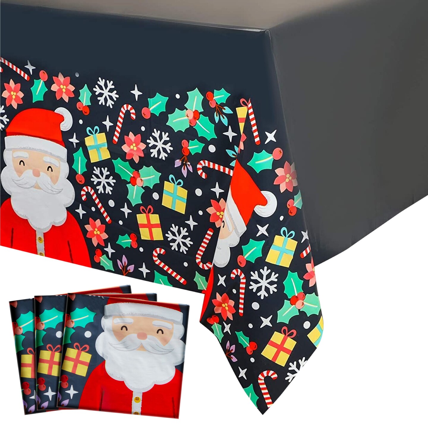 Blue Panda 3 Pack Santa Claus Plastic Tablecloths for Christmas Party Supplies, 54 x 108 inch Rectangular Xmas Holiday Table Covers, Fun Festive Christmas Party Decorations