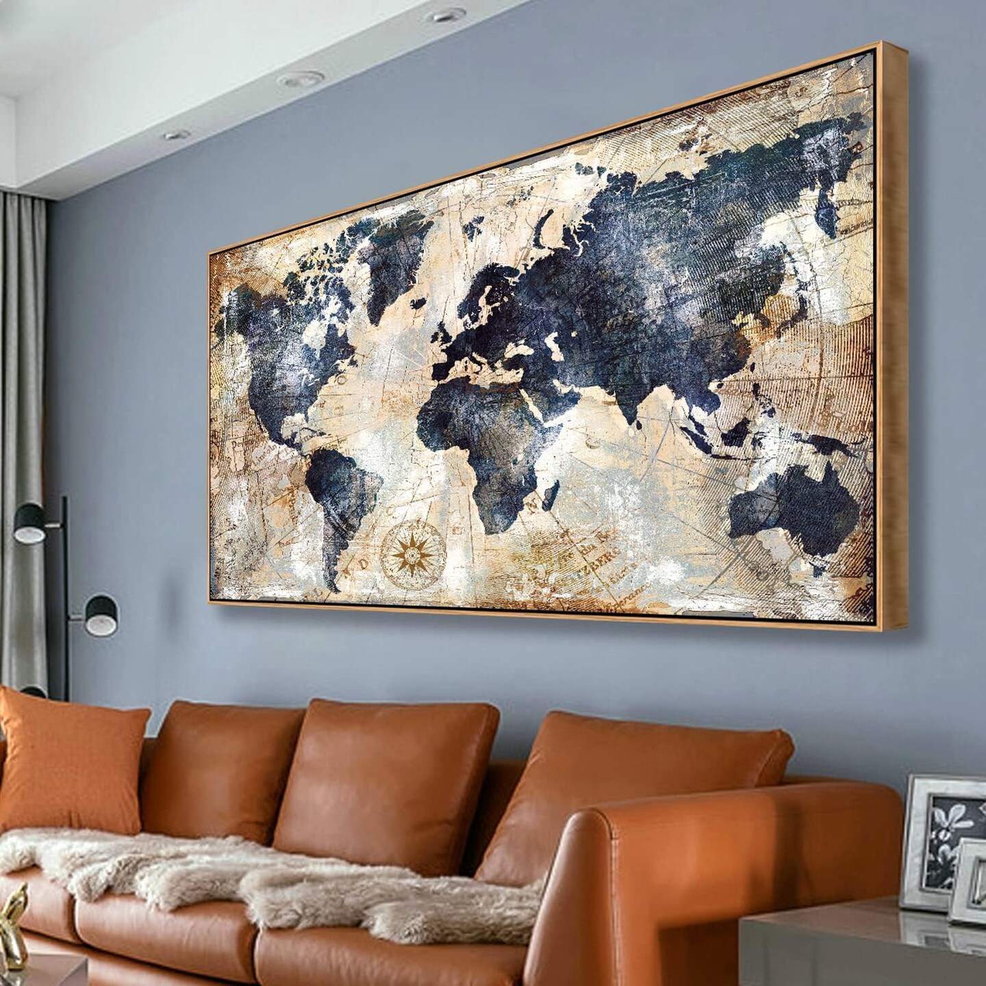 Framed Wall Art World Map Wall Art Print Picture Wall Art Decor Home Interior - Map Picture for Office Wall Decor Travel Memory Nautical Map Decor Canvas Artwork 24x48 inch Ready to Hang &#xFF08;Framed&#xFF09;