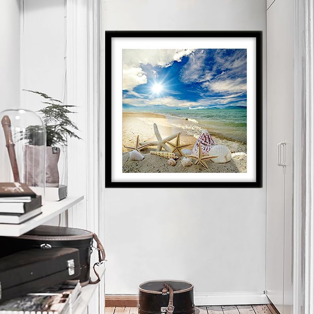 Seaside Beach Diamond Painting Kits for Adults,Starfish Seashell Diamond Painting Kits Ocean Theme, Beach Landscape Diamond Art,Ocean Diamond Art Perfect for Home Wall Decor(14x14in), white