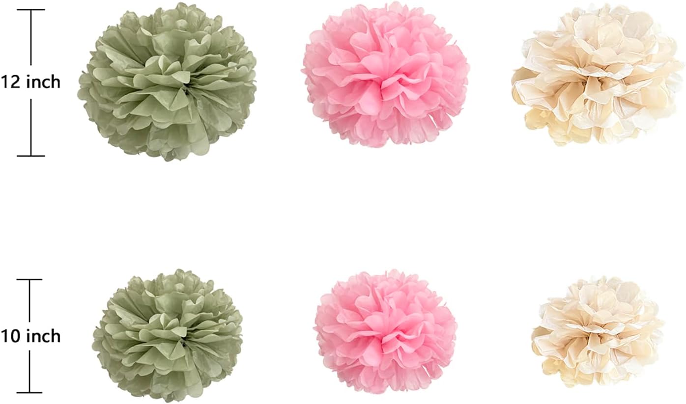 Sage Green Tissue Paper Pom Poms Decorations, 12 PCS Pink Green Birthday Baby Shower Decor, Boho Neutral Wedding Bridal Shower Engagement Party Decorations