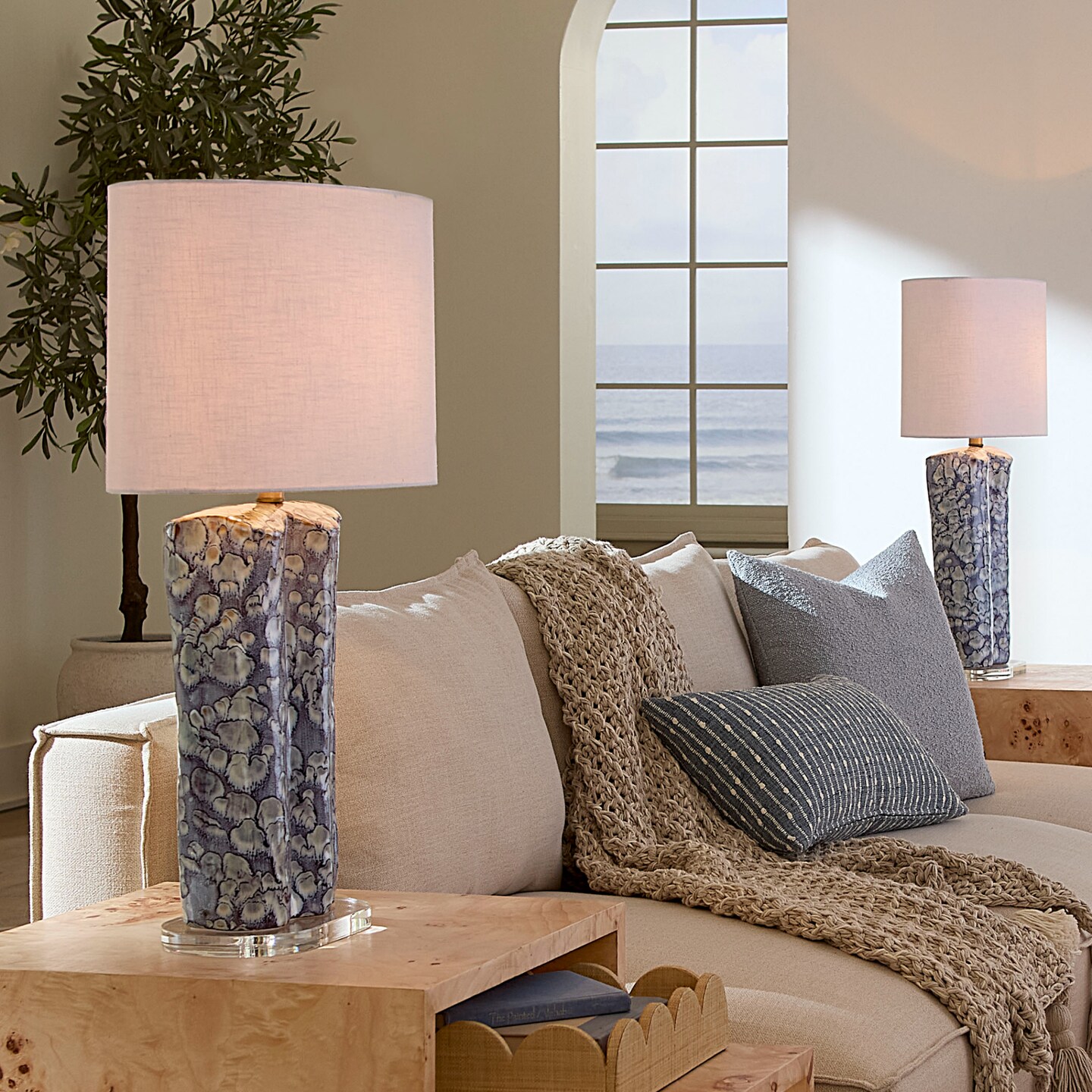 Jamie Young Company Scalloped Base Ceramic Table Lamp with Oval Shade - 28&#x22; - Blue and White