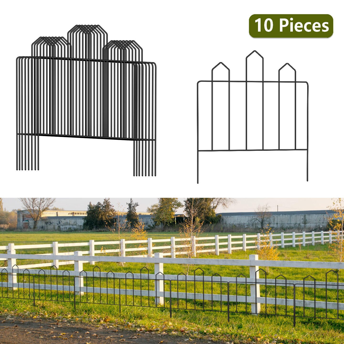 10 Pack Rustproof Decorative Garden Fence Panels - 23.6in H x 10ft L Metal Animal Barrier, Snap-On Border for Lawns &#x26; Gardens