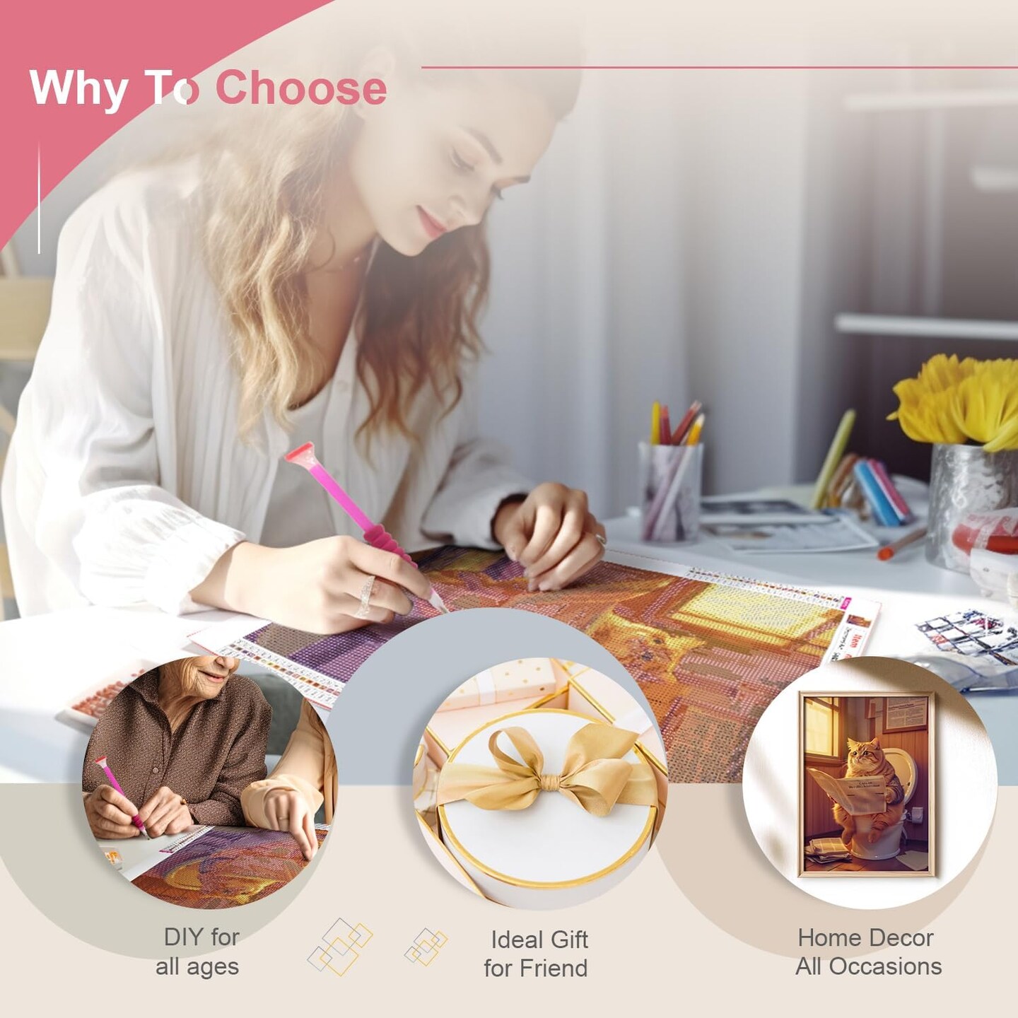 DIY Diamond Painting Kits for Adults, Cat Round Full Drill Diamond Dots Paintings 5D Diamonds Gem Art and Crafts