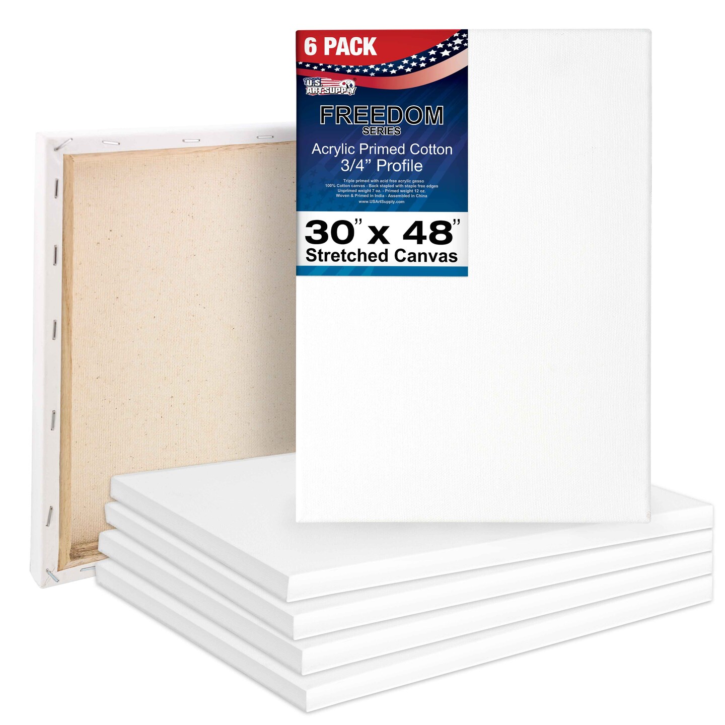30 x 48 inch Stretched Canvas 12-Ounce Triple Primed, 6-Pack - Professional Artist Quality White Blank 3/4&#x22; Profile, 100% Cotton, Heavy-Weight Gesso