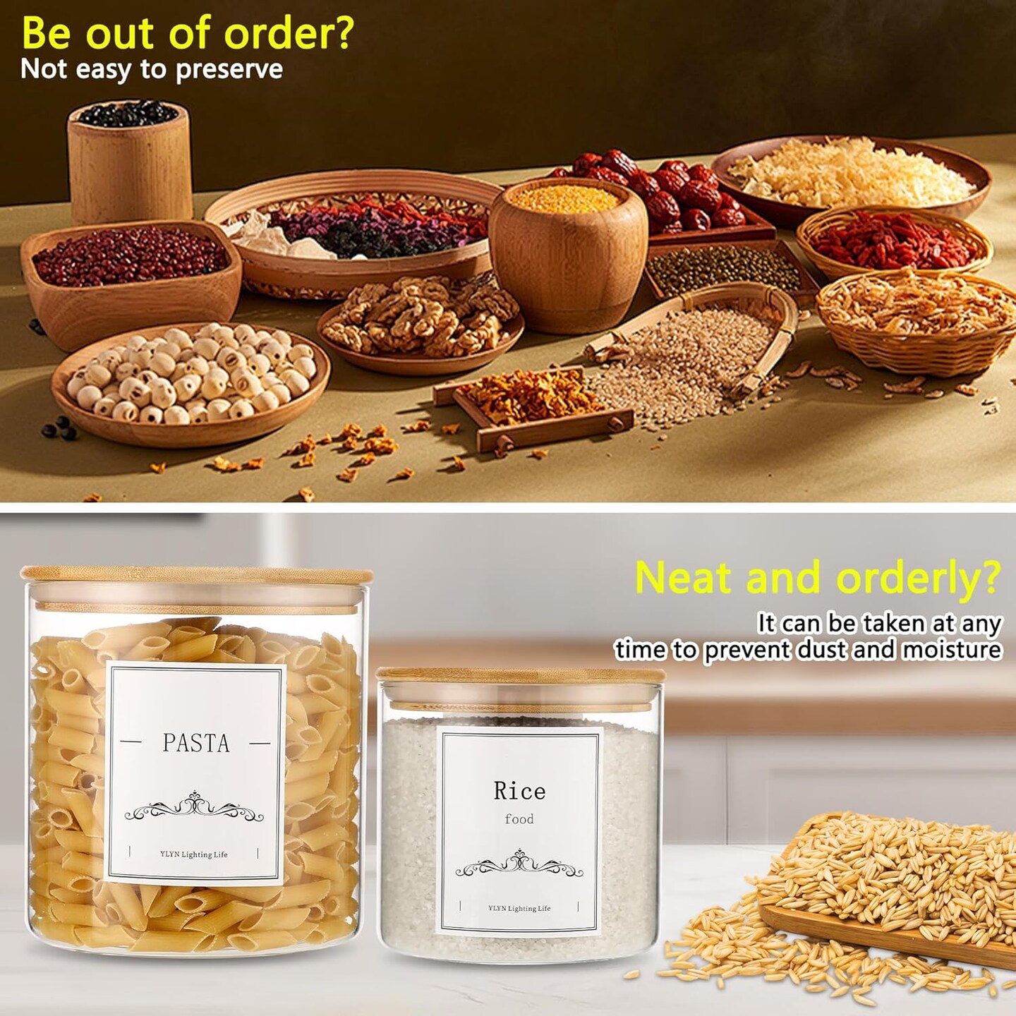 Brown Sugar Container- Cookie Jar (64oz/102oz) Set of 2-Large Glass Jar With Lid- Glass Jars Kitchen Canisters With Airtight Bamboo Lids- Food Storage Containers For Flour Sugar Cereal, Egg
