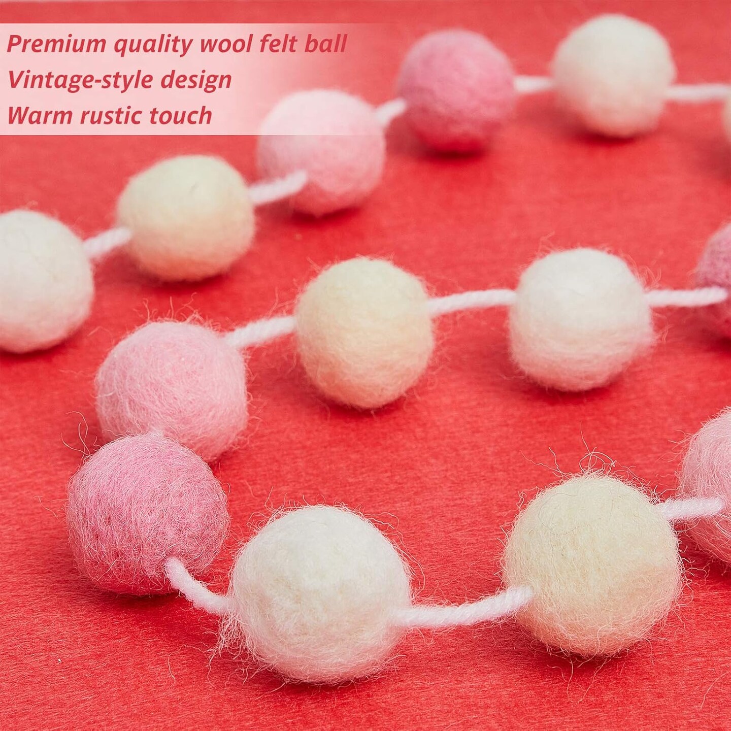 2 Pieces Wool Felt Rainbow Ball Garland Colorful Pom Pom 6.5 ft Long 24 Ball Garland for Easter Mardi Gras Halloween Thanksgiving Xmas Black History Month (Pink,Light Pink,Beige,White)