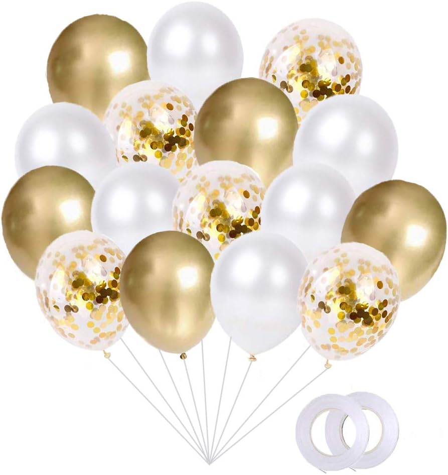 Gold Pearl White Gold Confetti Balloons Set(60Pack), 12Inch Latex Glitter Balloons Birthday Wedding Baby Shower Bridal Shower Party Decorations