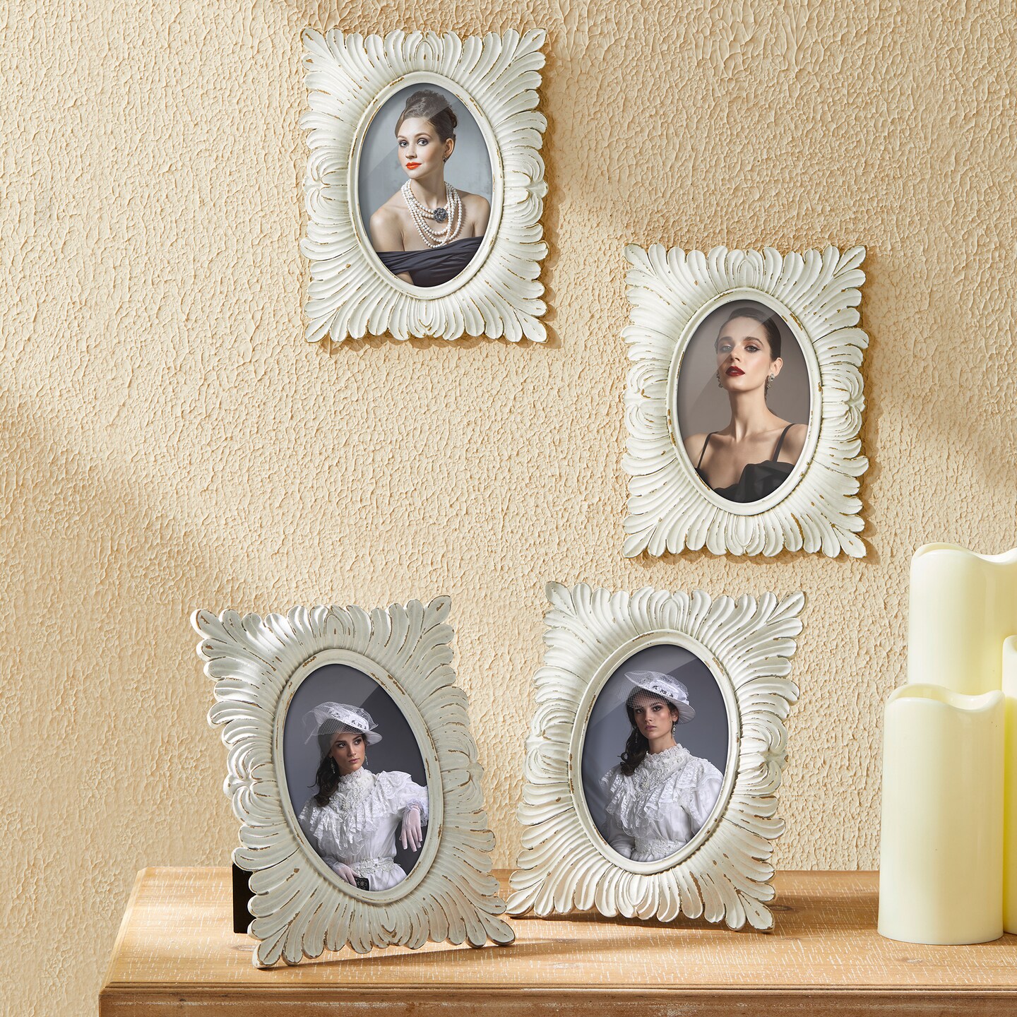 Set of 4 White Ornate Resin Wall or Tabletop Picture Frames-4x6