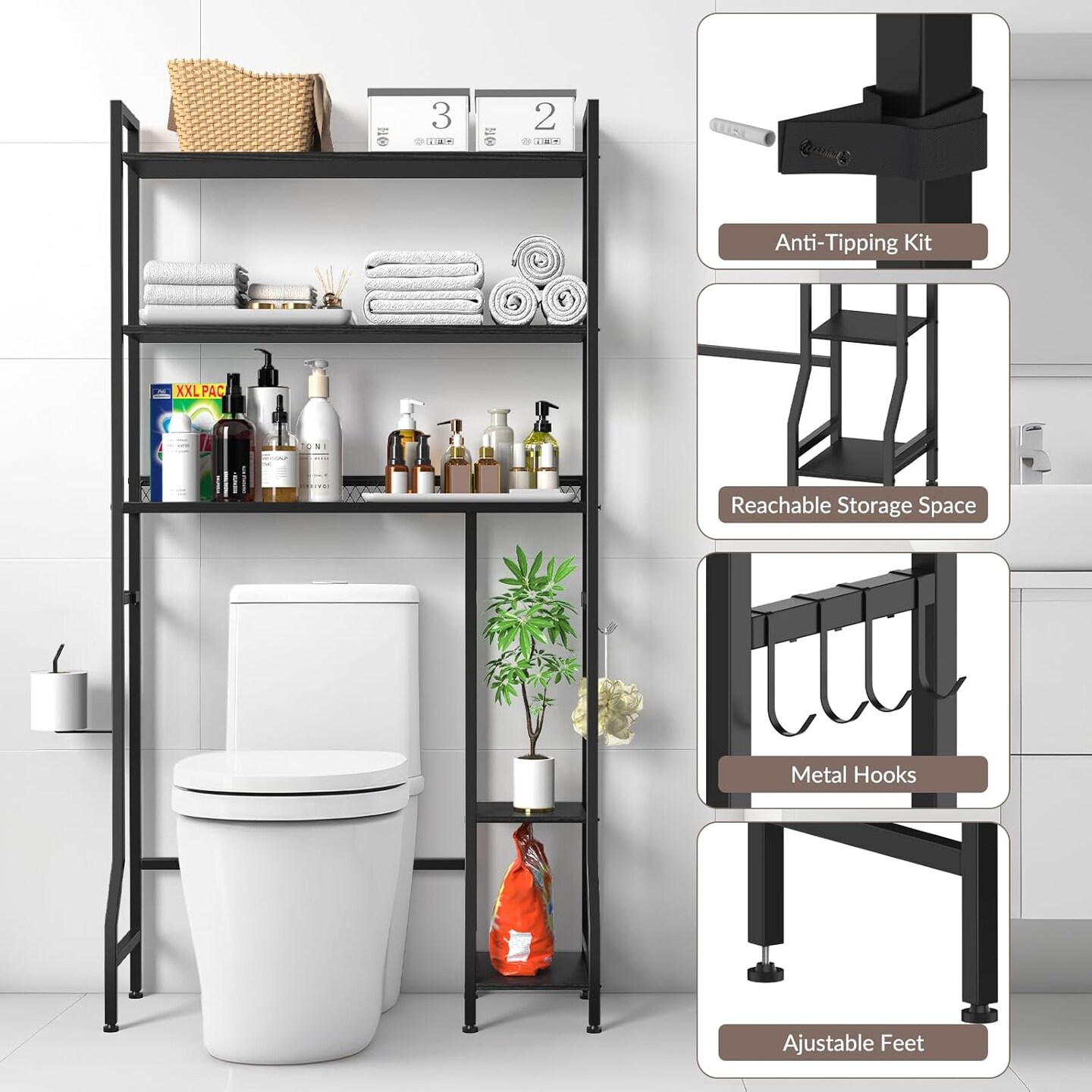 33&#x22; Extended Over The Toilet Storage Rack - Freestanding Bathroom Organizer with Adjustable Shelves, Hooks, Industrial Metal &#x26; Wood Design, Black - Easy Assembly