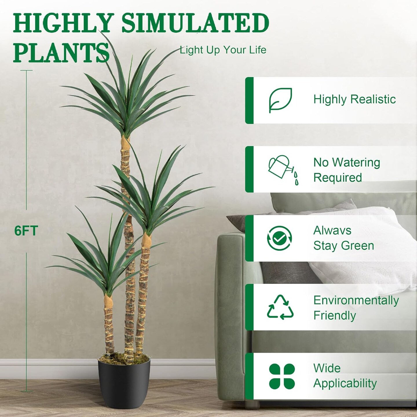 6FT Artificial Tree Faux Agave Plant Indoor, Tall Faux Plant with 3 Heads in Potted Silk Fake Tree for Home Living Rome Office Decor Housewarming Gifts