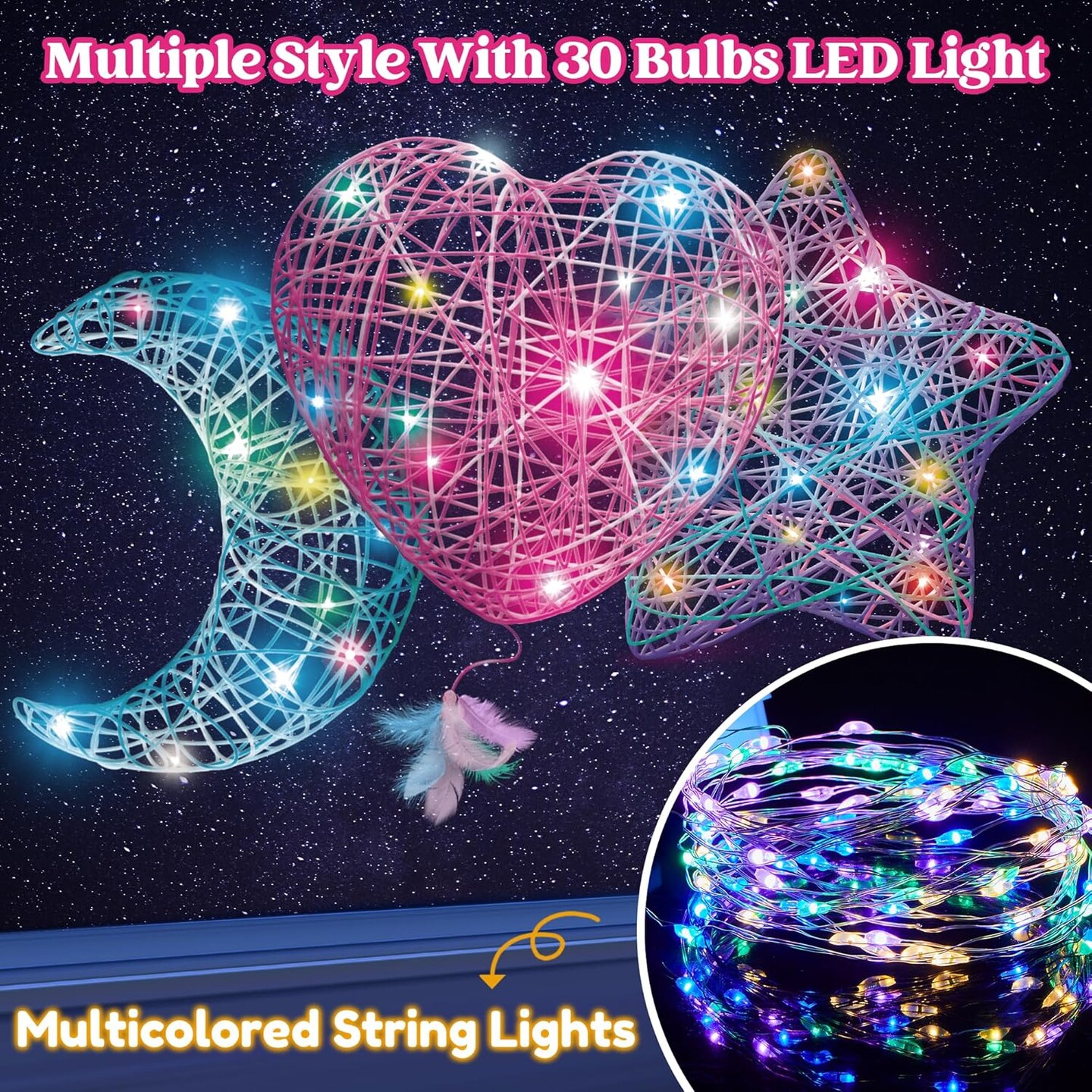 Kits 3D Summer String Art Kit for Kids, Light Up String Light Toy with 30 Multi-Colored LED Bulbs, Arts and Crafts Set, Birthday Gifts for Girls and Boys Ages 6+