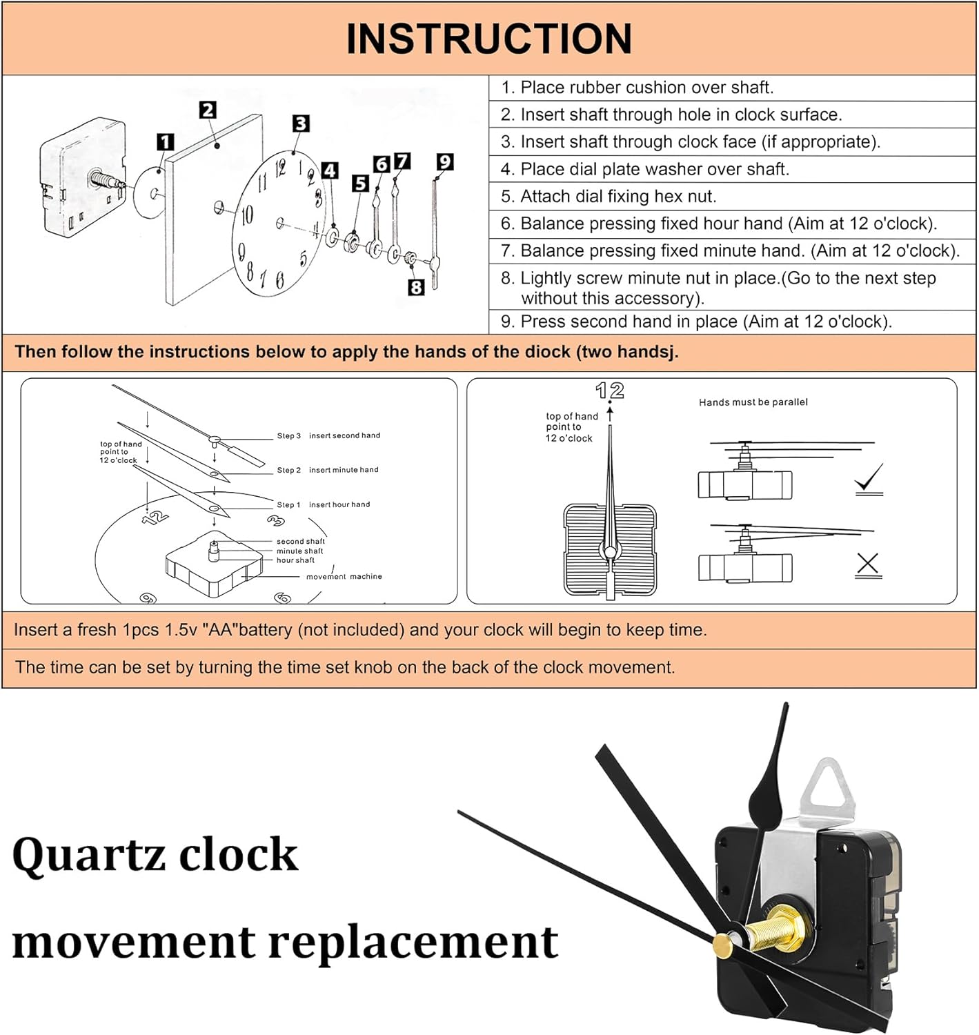 28mm Quartz Long Shaft Clock Movement Kit - DIY Wall Clock Mechanism with 1-1/10 Inch Shaft, 2 Pairs of Hands, Replacement Clock Repair Kit