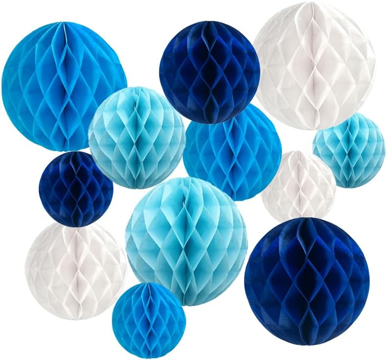 12Pcs White Blue Paper Honeycomb Flower Balls 6'' 8'' 10'' Decorative Tissue Honeycomb Balls Paper Pom Poms Hanging Flower Balls Craft Kit for Wedding Nursery Room Home Party Décor