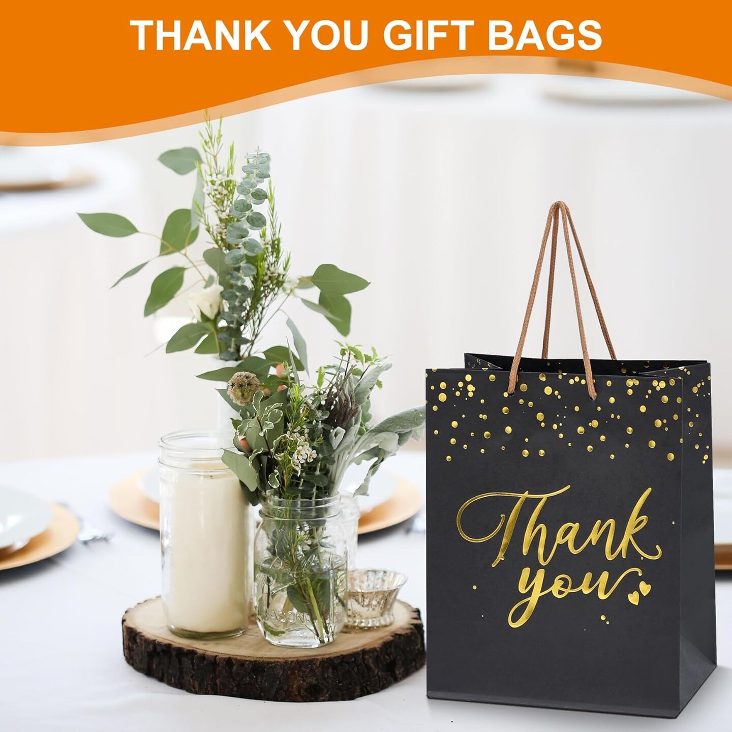 20 Pcs Black and Gold Gift Bags with Handles - Medium Size Thank You Bags Bulk for Weddings