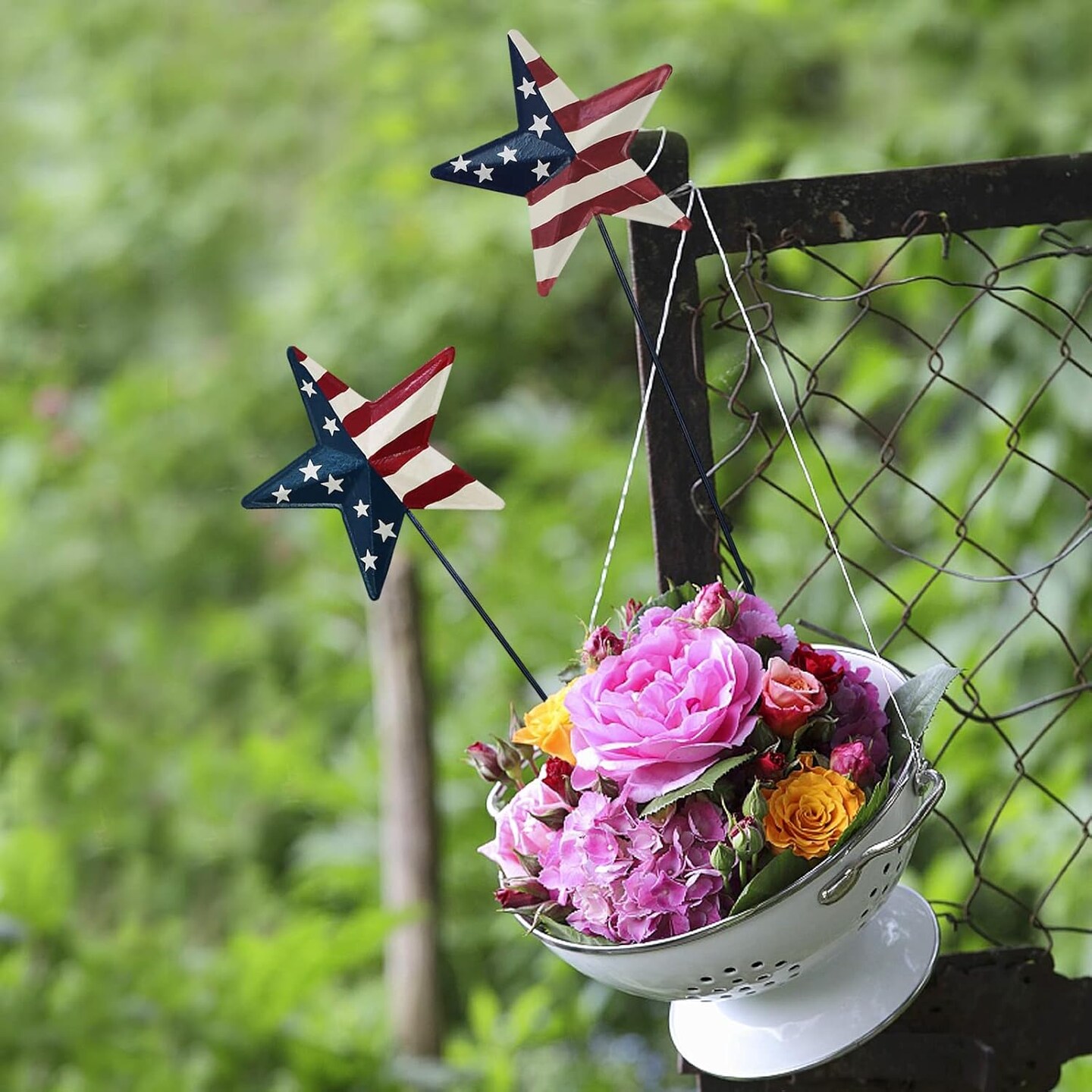 Metal Barn Stars Garden Stake Set of 6, American Flag Yard Sign USA Lawn Decoration Indoor Outdoor Patriotic Decor for July 4th Independence Day Memorial Day Party