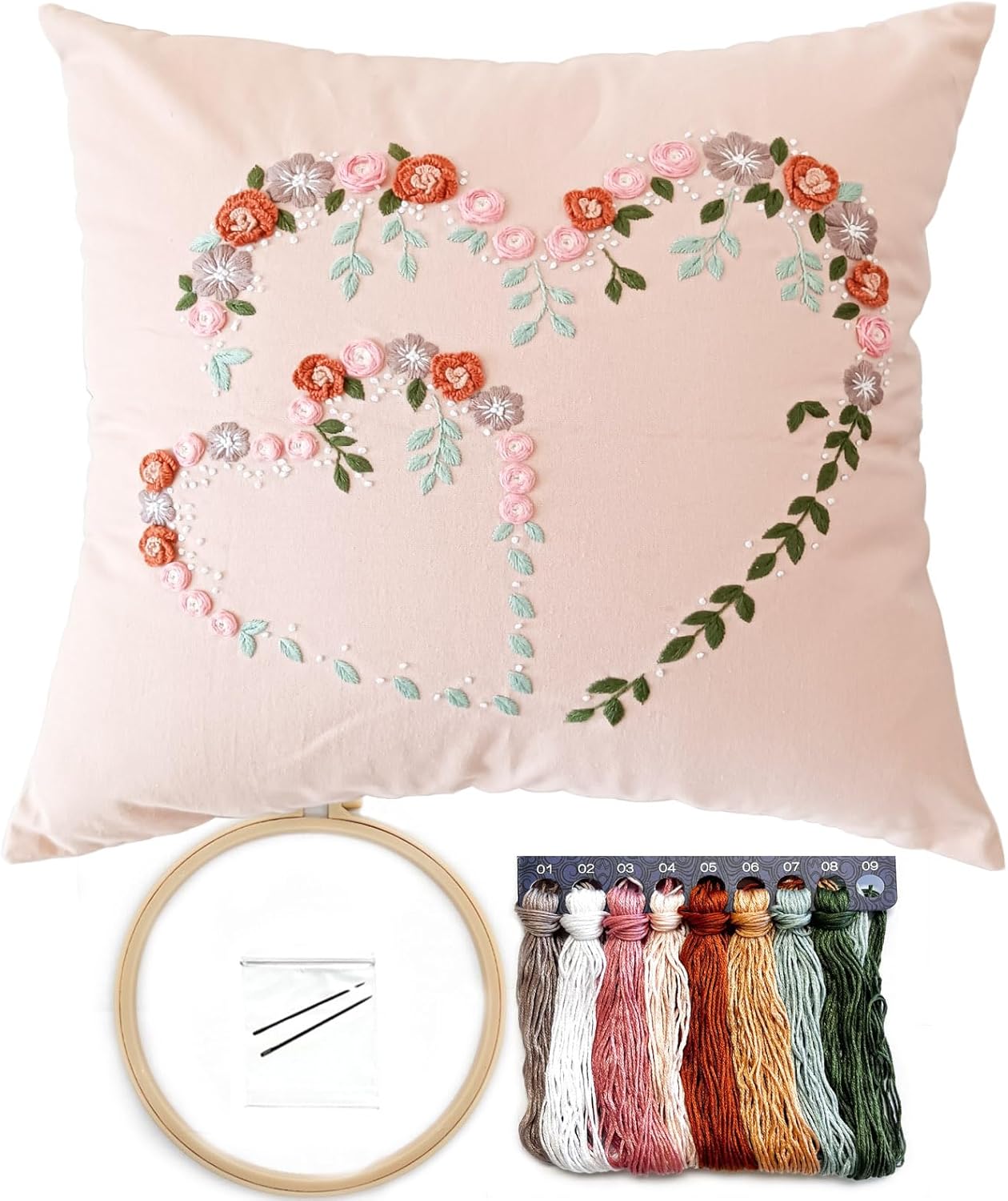 Crewel Pillow Case Embroidery Kit Heart Shaped Loving You Floral Stamped Pattern Kits