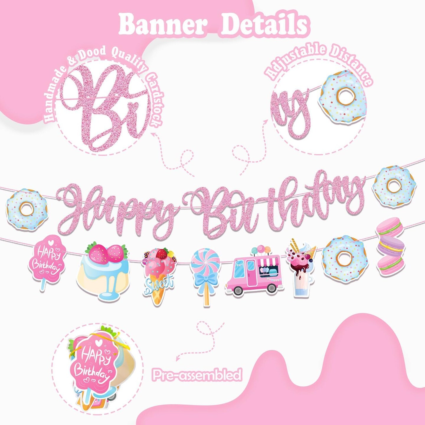 Sweets Birthday Party Decorations for Girls- Pastel Ice Cream Party Supplies, Donut Balloons Happy Birthday Banner Cupcake Topper Candy Theme Birthday for Baby Shower Wedding