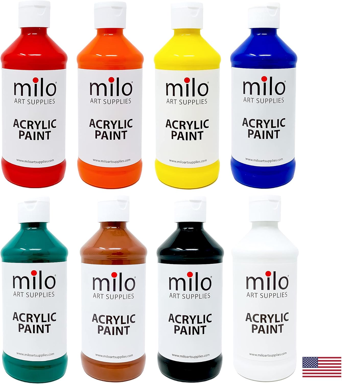 Acrylic Paint Set of 8 Colors | 8 oz Bottles | Student Primary Colors Acrylics Painting Pack | Made in the USA | Non-Toxic Art &#x26; Craft Paints for Artists, Kids, &#x26; Hobby Painters