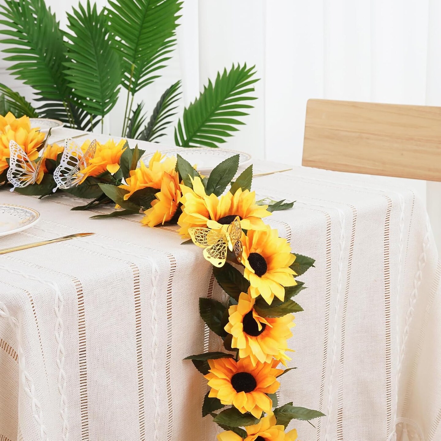 4-Pack Sunflower Garland – 7.5 ft Silk Artificial Sunflowers with Green Leaves, Hanging Vines for Fall, Birthday Backdrop, Outdoor and Wedding Decorations