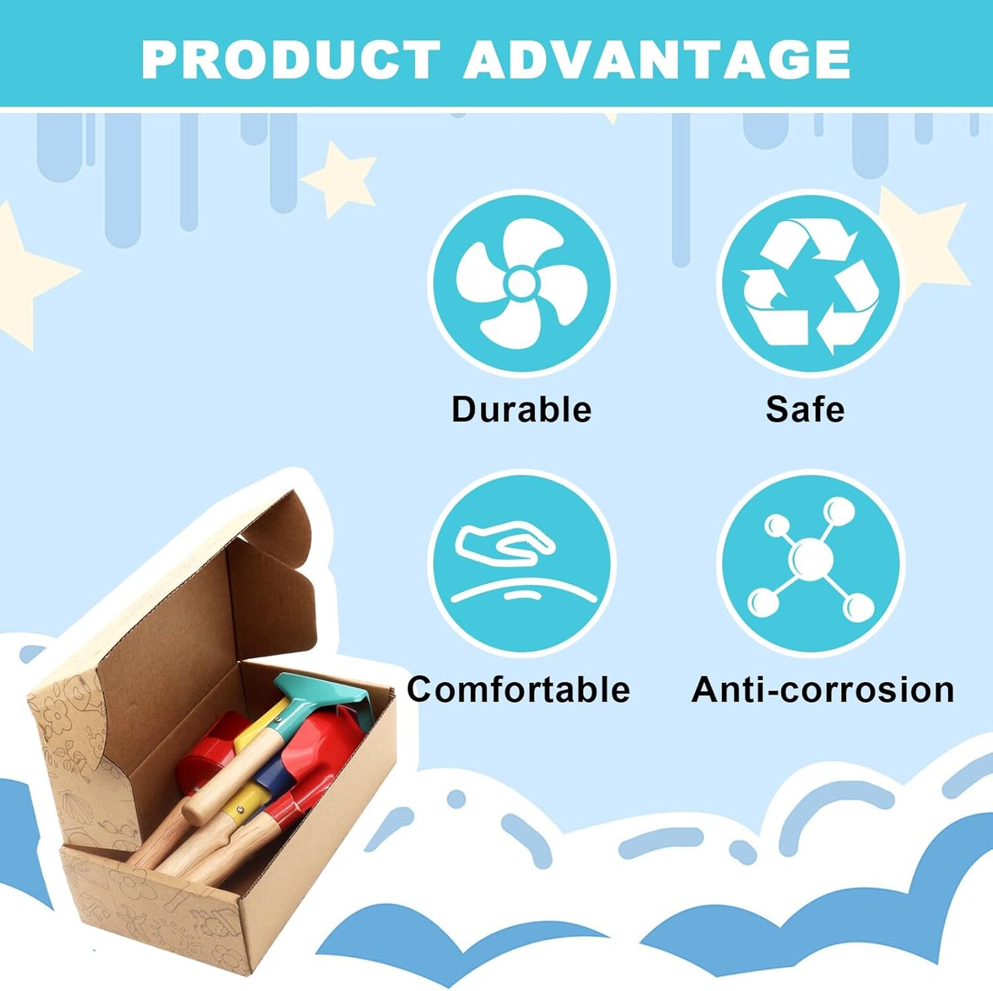 Summer Beach Toys, 6 Pcs Children Beach Sand Toys, 8&#x27;&#x27; Kids Gardening Set Metal Garden Tools with Sturdy Wooden Handle,Safe Kids Shovel with Cylinder, Spoon, Fork, Rake, Flat Shovel &#x26; Pointed Shovel