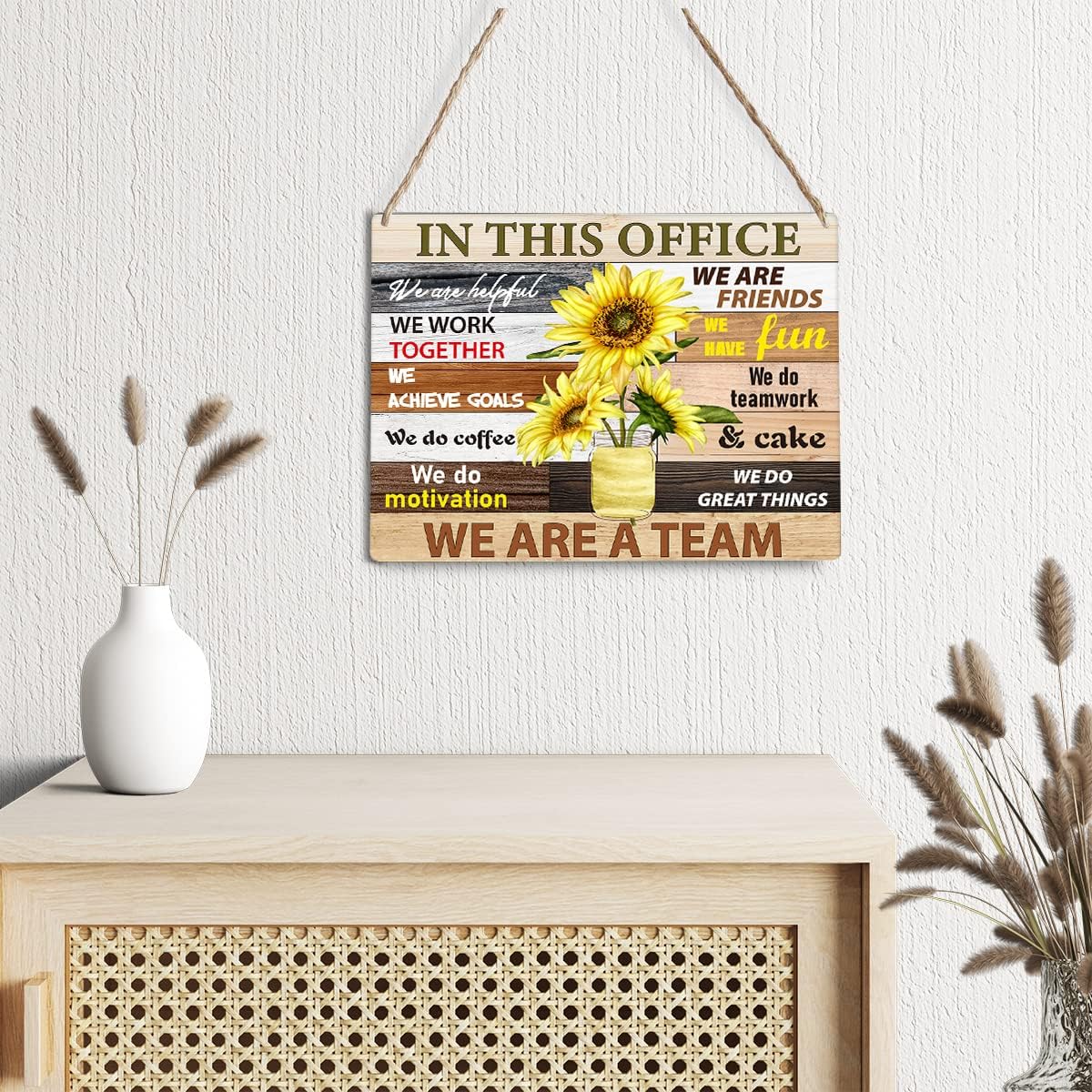 Inspirational Summer Sunflower Signs Wall Decor Teamwork Quotes Sunflower Rustic in This Office We are Friends,We are a Team Wood Plaque Wooden Hanging Sign Decoration for Home Office Door 8 x 10