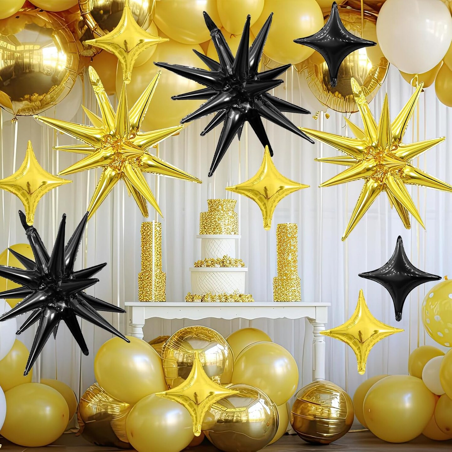 16PCS Black & Gold Star Foil Balloons – 22” & 10” Party Decorations for Birthday & Disco