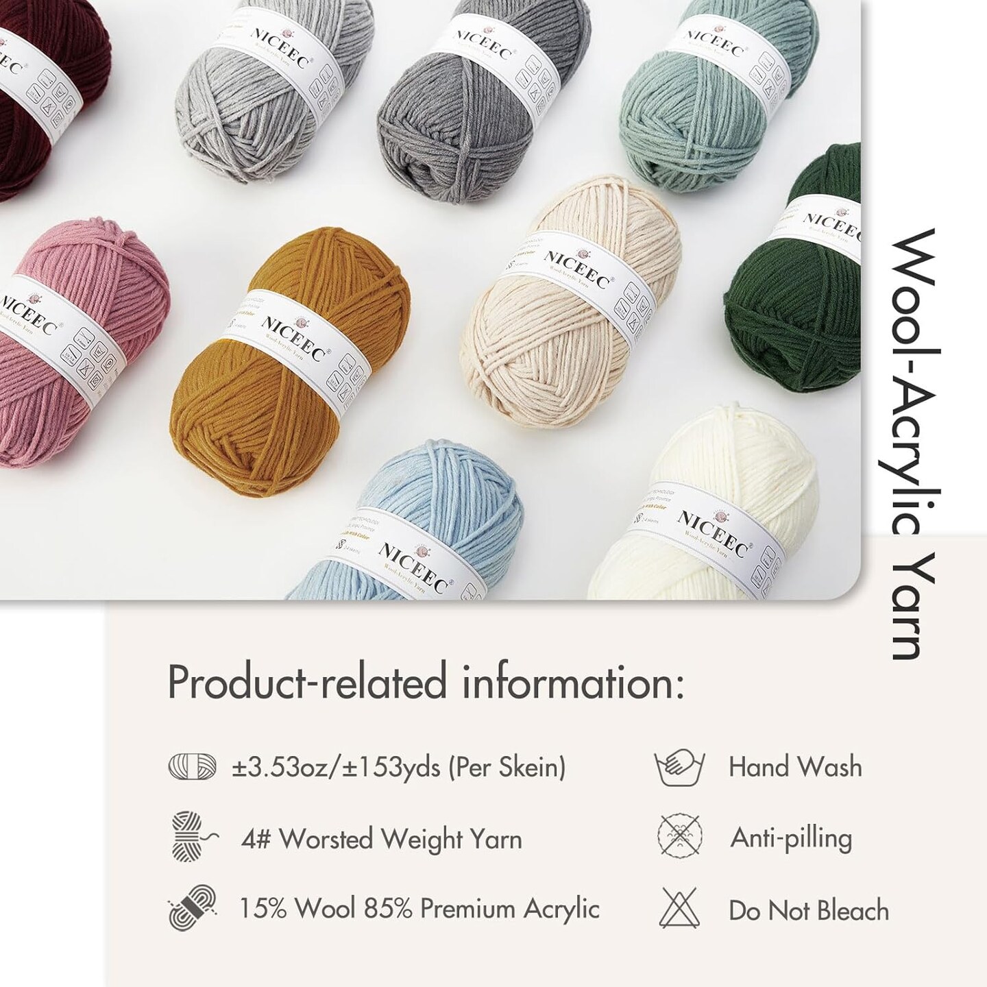 1 Skein Soft Wool-Acrylic Yarn for Knitting Worsted Weight Yarn Quality Yarn for DIY Craft Wool Blend Yarn for Crochet Blanket Yarn(3.53oz,153yds)-Pale Grayish Green
