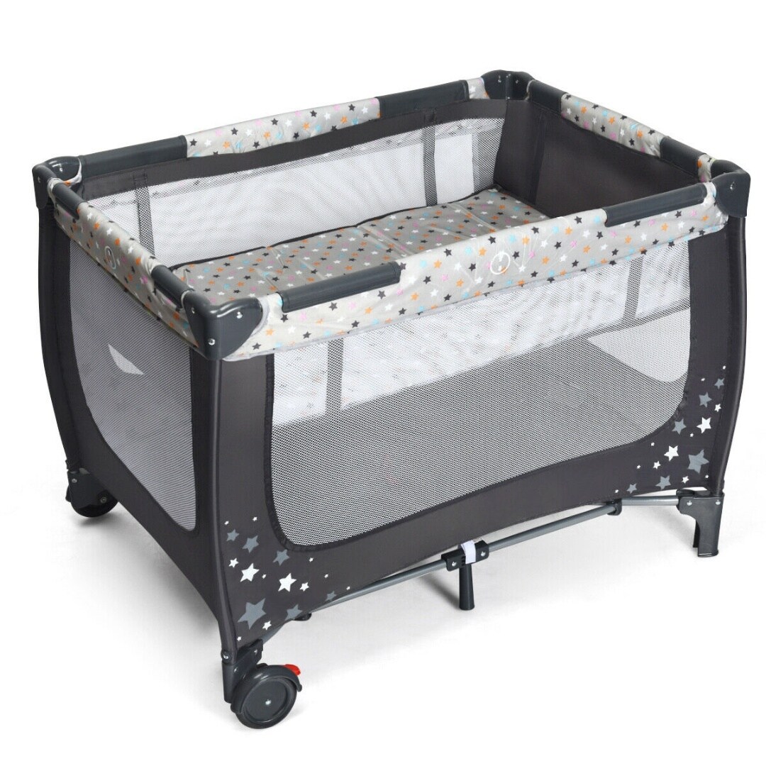 Foldable and Portable Baby Playpen with Mattress and Two Universal Wheels