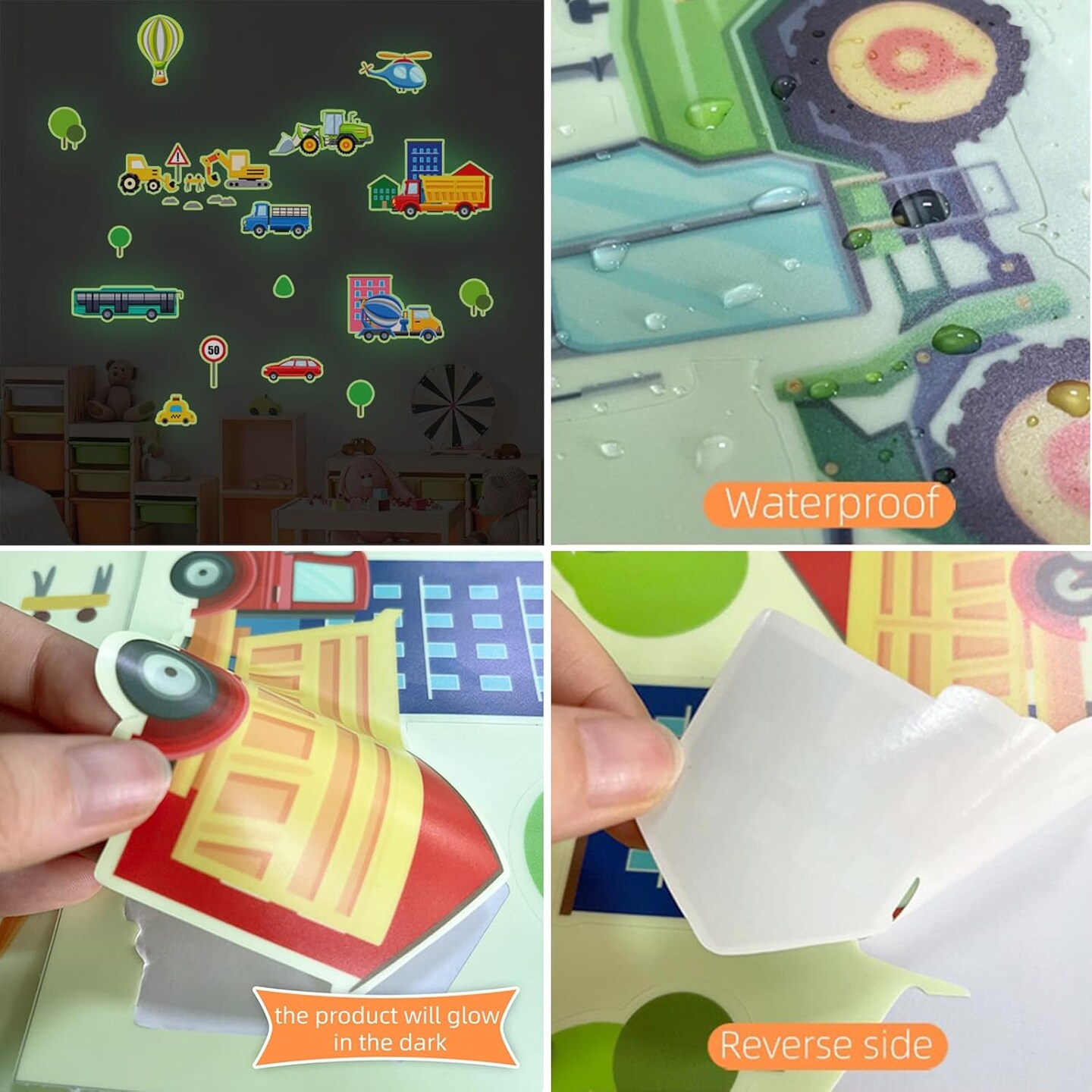 Glow in The Dark Cartoon Construction Vehicle Stickers,DIY Green Luminous City Car Truck Excavator Helicopter Wall Decals for Baby Nursery Boys Bedroom Playroom Wall Decor