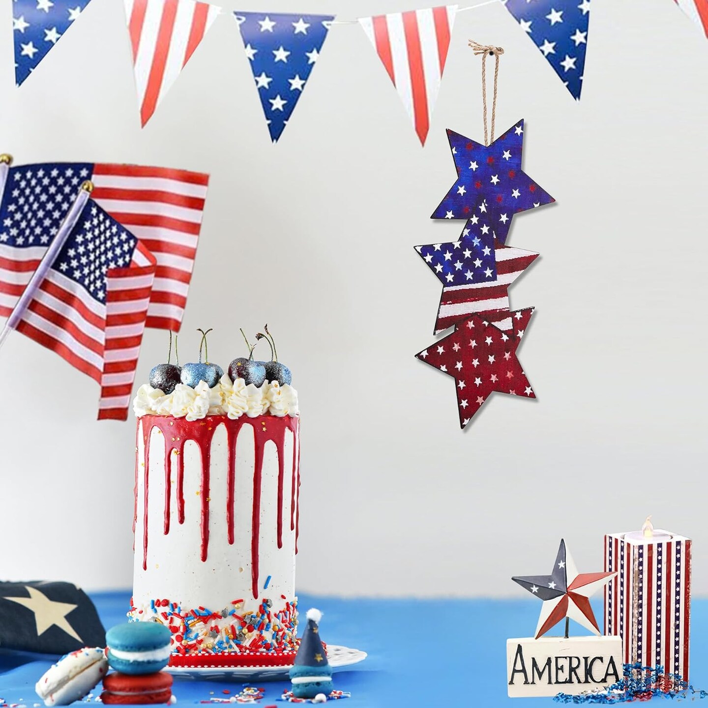 4th of July Hanging Door Sign Wooden Double Sided Patriotic Door Hanger Fourth of July Wall Decor Patriotic Stars USA Stars Porch Signs Independence Day Wall Hanging Memorial Day